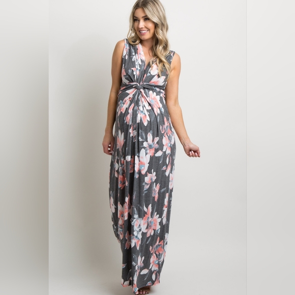 Pink Blush Charcoal Grey Floral Sleeveless Knot Front Maternity Maxi Dress XL - Picture 1 of 9